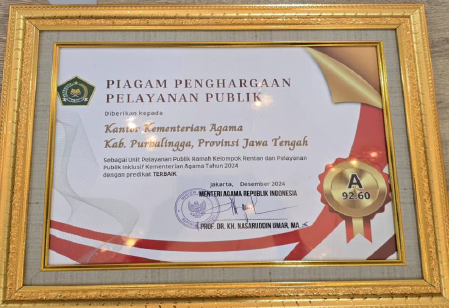 Piagam penghargaan playanan publik Kemenag RI