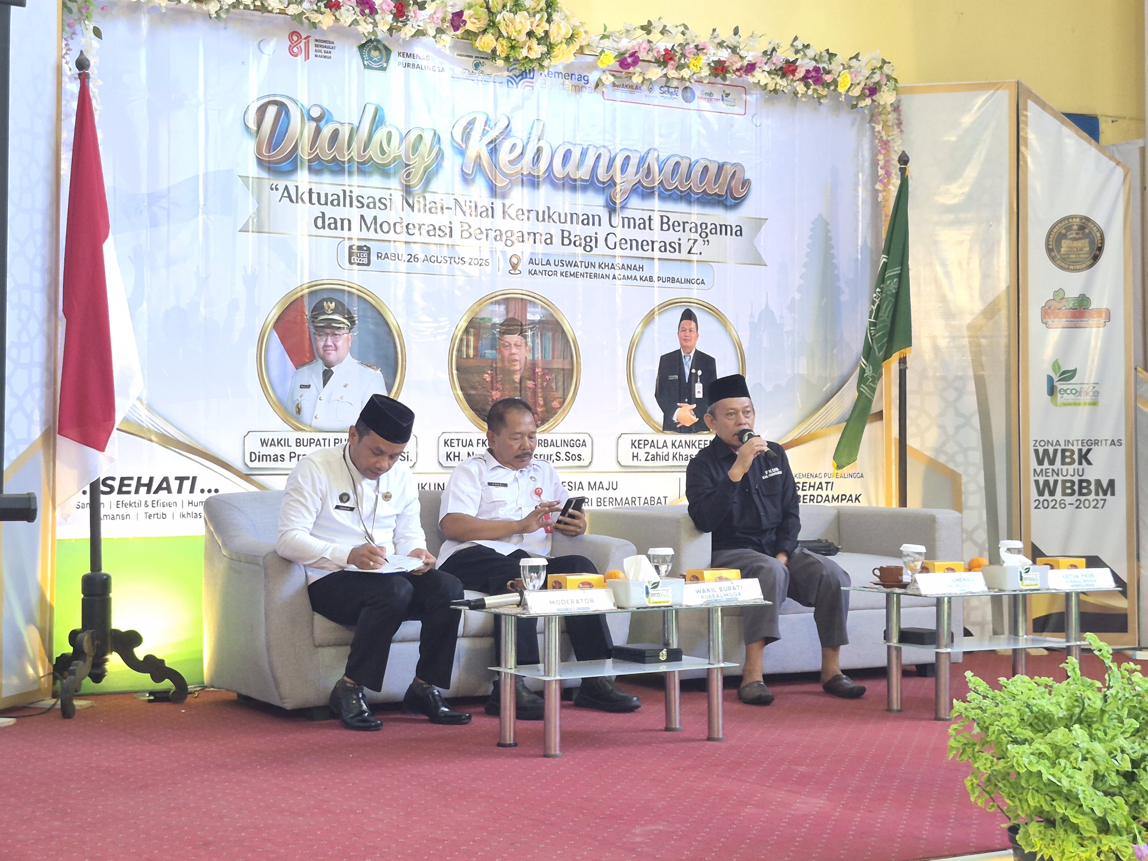 Internalisasi nilai-nilai Pancasila dan sikap toleransi menjadi pesan utama dalam Dialog Kebangsaan “Aktualisasi Nilai-nilai Kerukunan Umat Beragama dan Moderasi Beragama bagi Generasi Z” yang digelar Kantor Kementerian Agama Kabupaten Purbalingga di Aula Uswatun Khasanah, Rabu (26/8/2026).