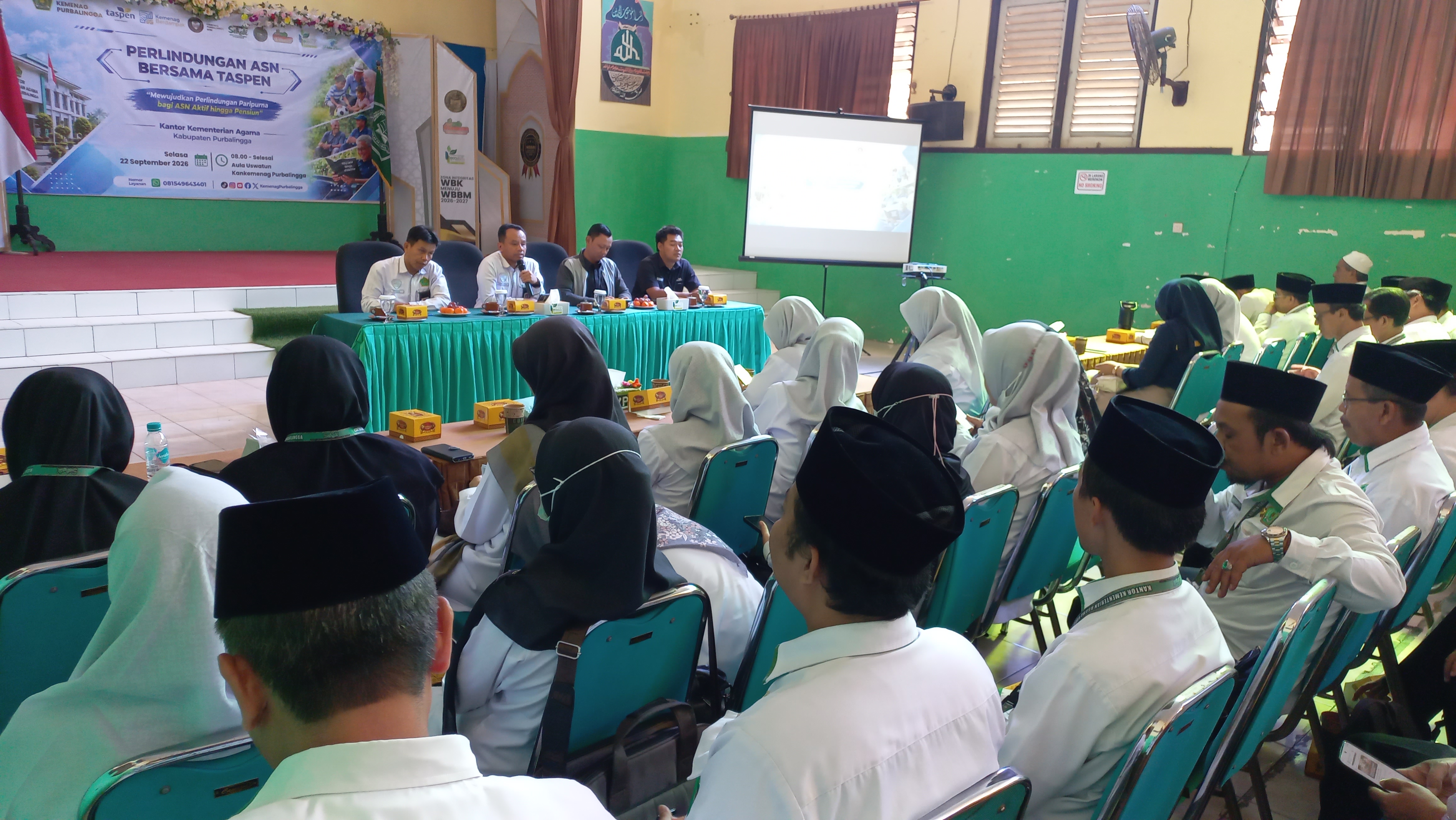 Kantor Kementerian Agama Kabupaten Purbalingga bersama PT Taspen (Persero) Kantor Cabang Purwokerto menggelar sosialisasi perlindungan ASN di Aula Uswatun Khasanah, Selasa (22/9/2026).